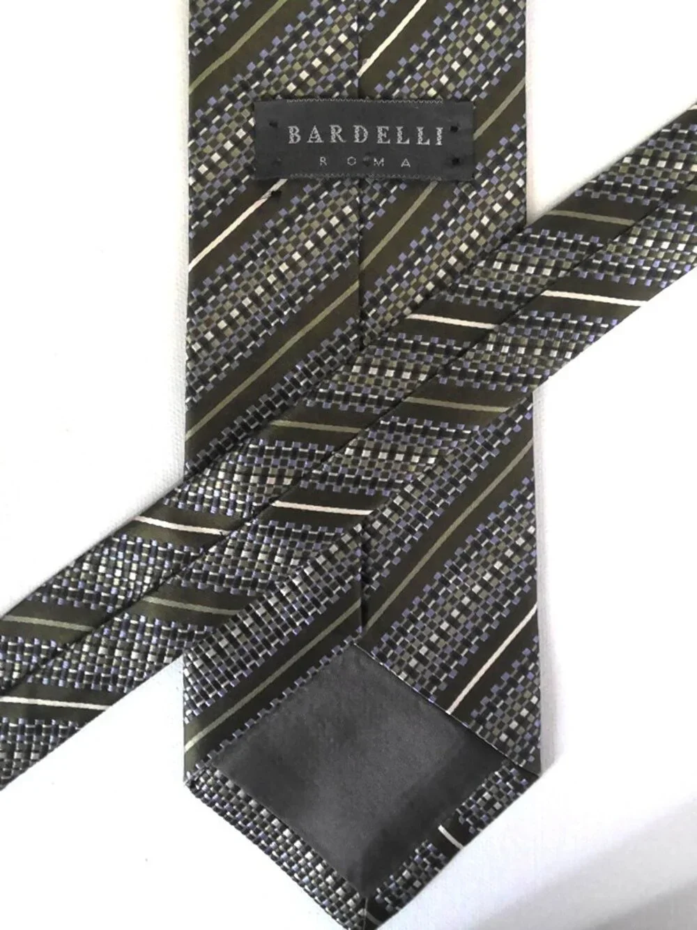 Bardelli Roma Men's Retro Necktie Olive Green Blue & Cream Striped 100% Silk